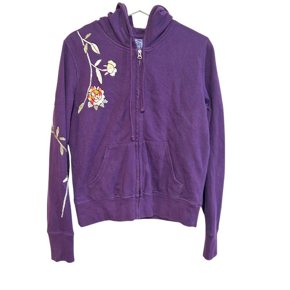 Y2K Lucky brand L zip up hoodie floral embroidered sweatshirt boho hippie 00s - Picture 2 of 16